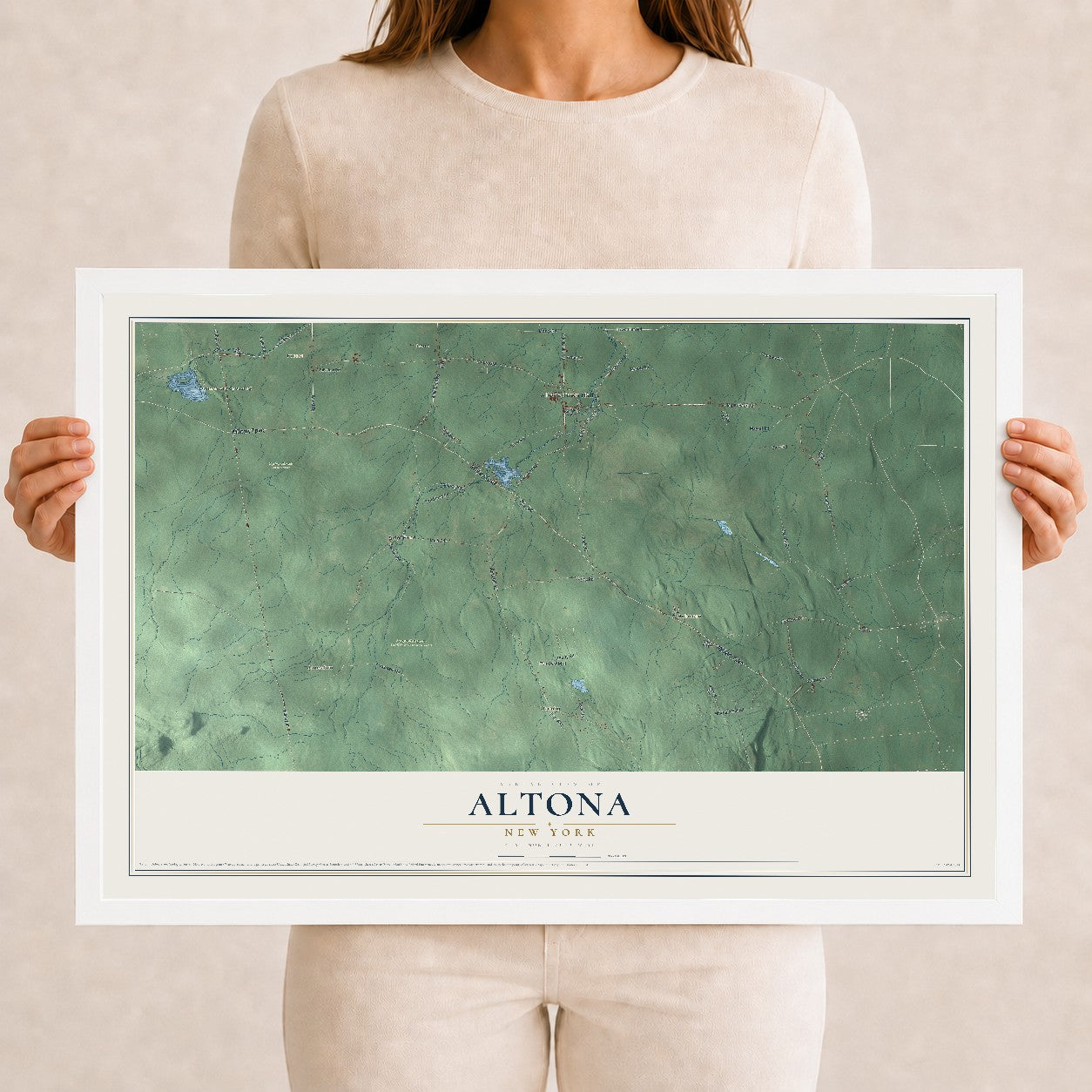 Altona, New York map print, 12" x 18" W/ White Ayous Wood Frame mockup