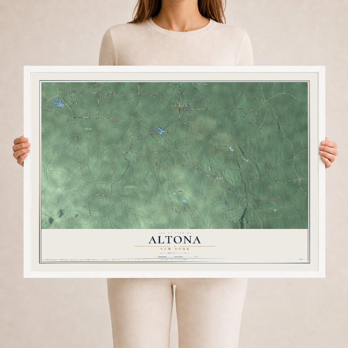 Altona, New York map print, 24" x 36" W/ White Ayous Wood Frame mockup
