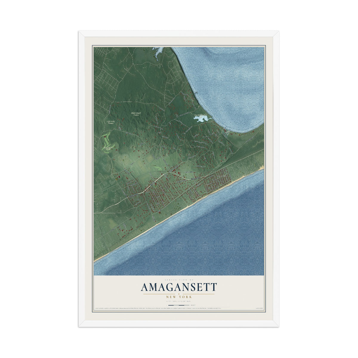 Amagansett, New York map print, 12" x 18" W/ White Ayous Wood Frame mockup