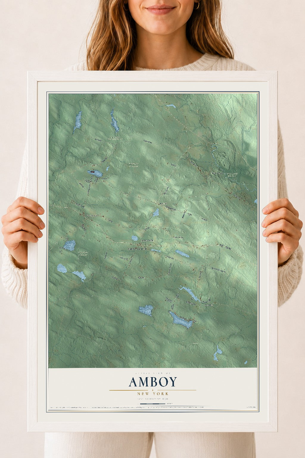 Amboy, New York map print, 18" x 24" W/ White Ayous Wood Frame mockup