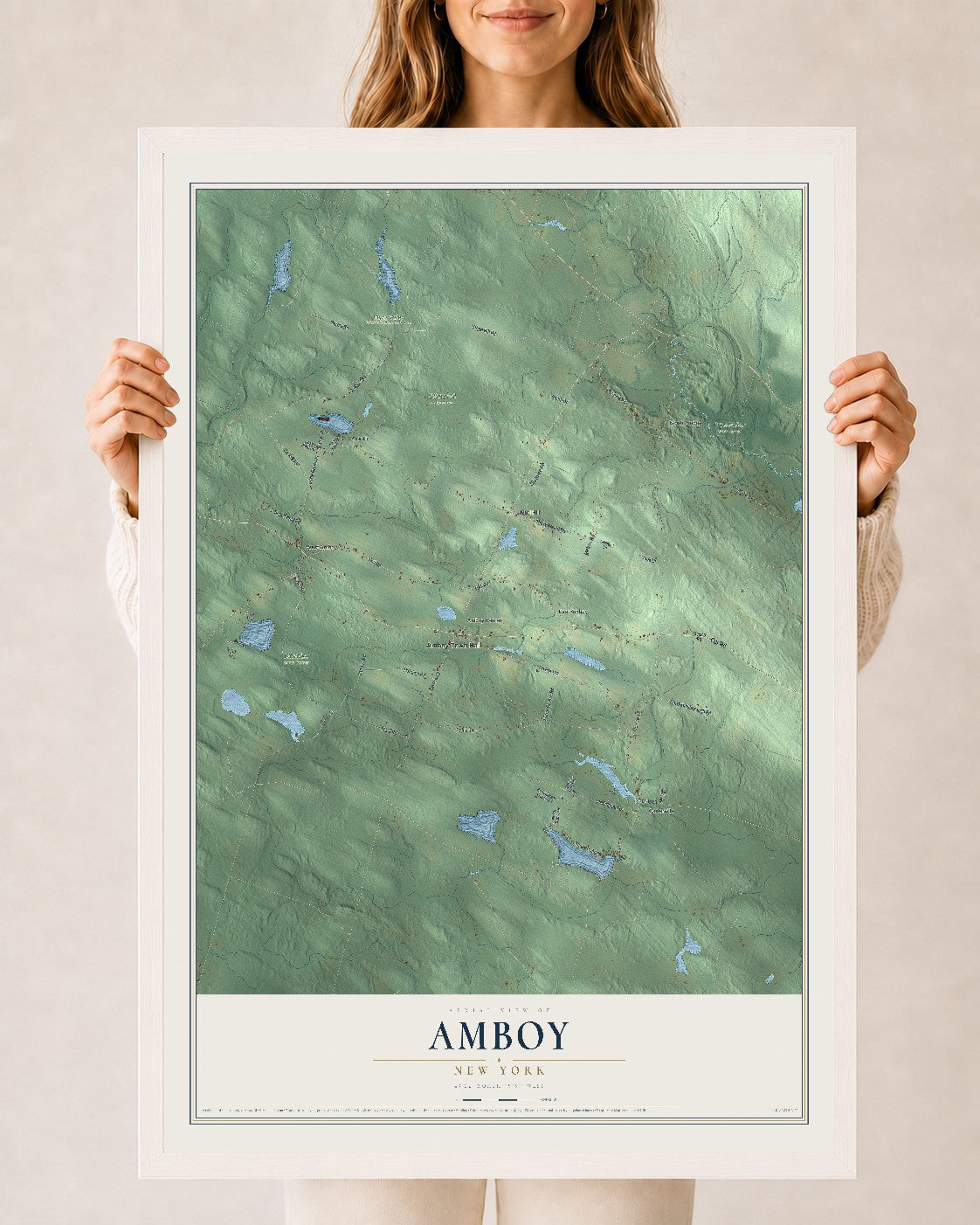 Amboy, New York map print, 24" x 36" W/ White Ayous Wood Frame mockup