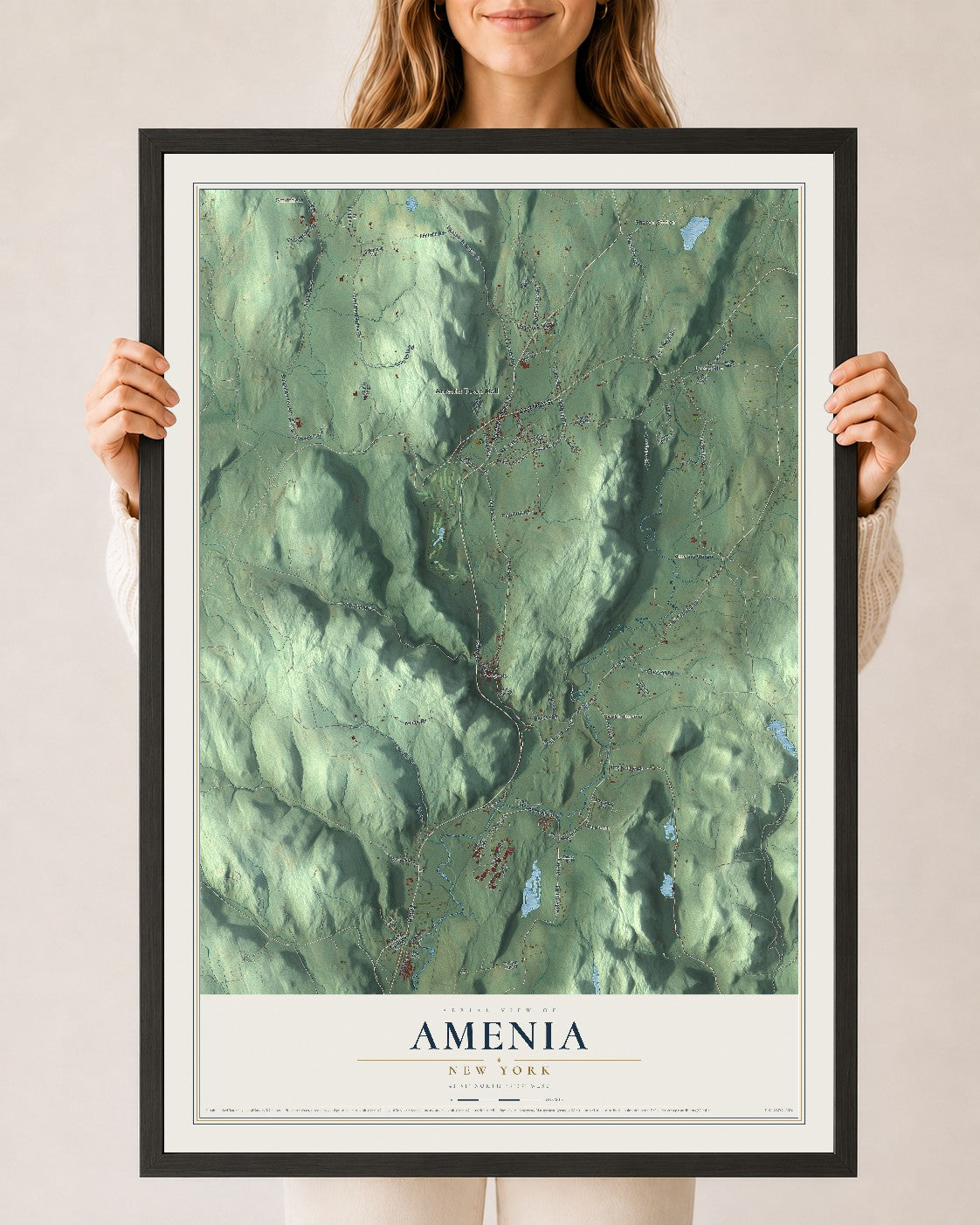 Amenia, New York map print, 24" x 36" W/ Black Ayous Wood Frame mockup