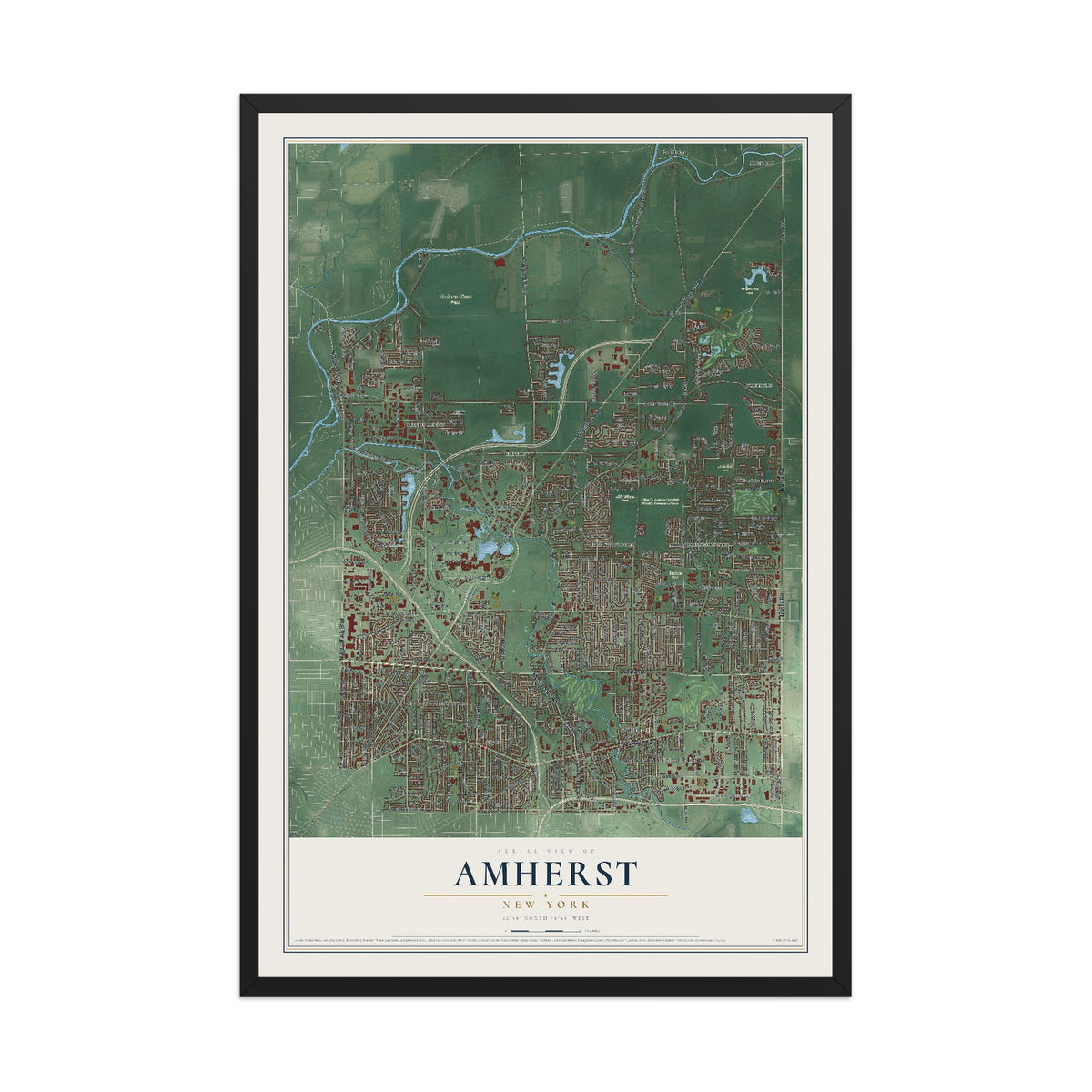 Amherst, New York map print, 12" x 18" W/ Black Ayous Wood Frame mockup