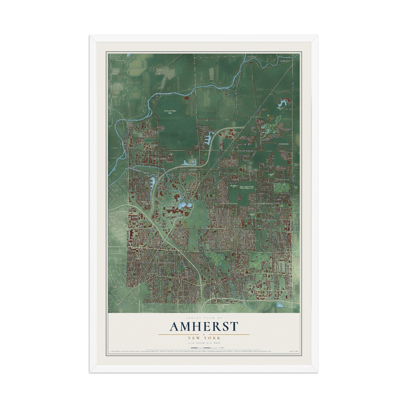 Amherst, New York map print, 12" x 18" W/ White Ayous Wood Frame mockup
