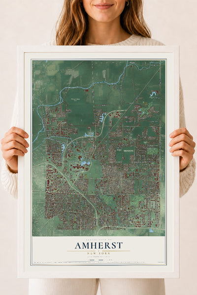Amherst, New York map print, 18" x 24" W/ White Ayous Wood Frame mockup