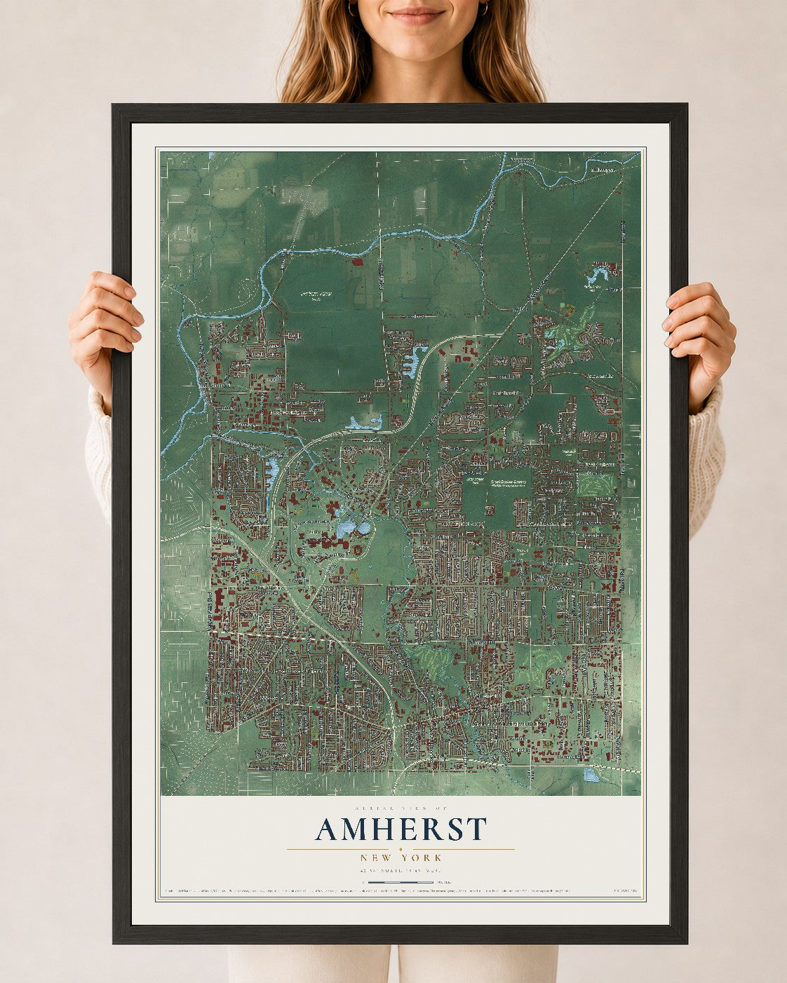 Amherst, New York map print, 24" x 36" W/ Black Ayous Wood Frame mockup