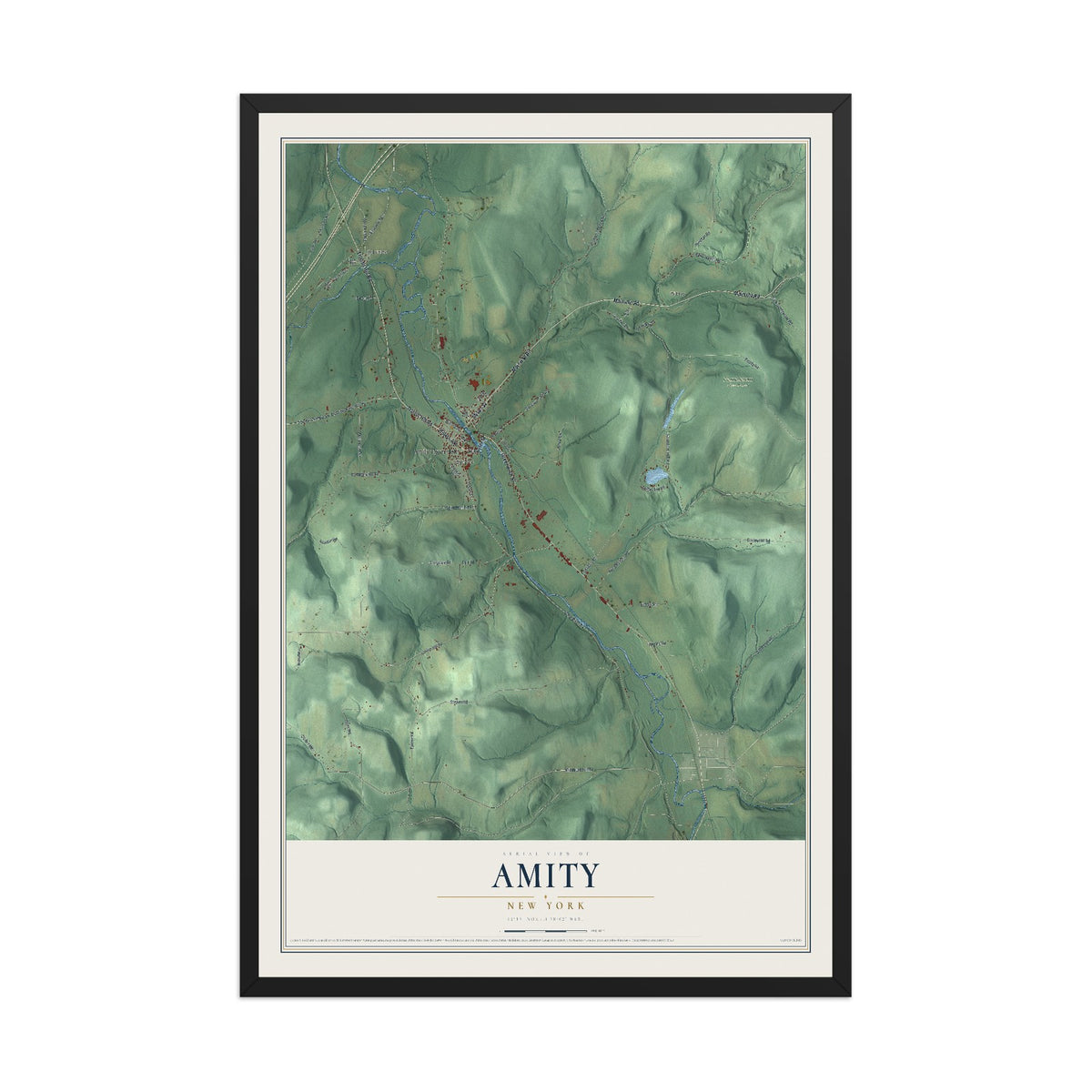 Amity, New York map print, 12" x 18" W/ Black Ayous Wood Frame mockup