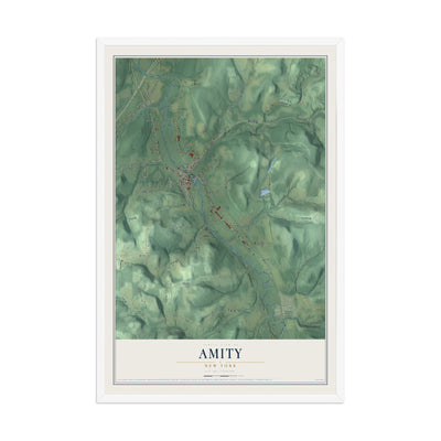 Amity, New York map print, 12" x 18" W/ White Ayous Wood Frame mockup