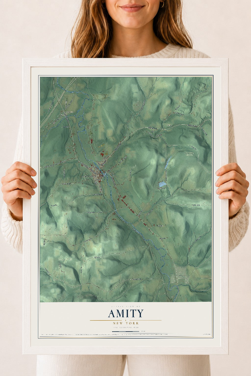 Amity, New York map print, 18" x 24" W/ White Ayous Wood Frame mockup