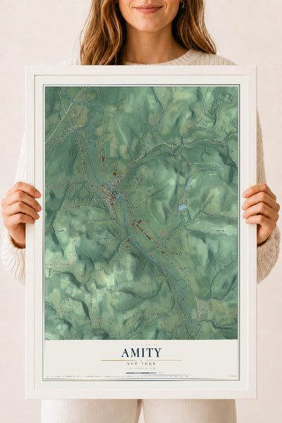 Amity, New York map print, 18" x 24" W/ White Ayous Wood Frame mockup