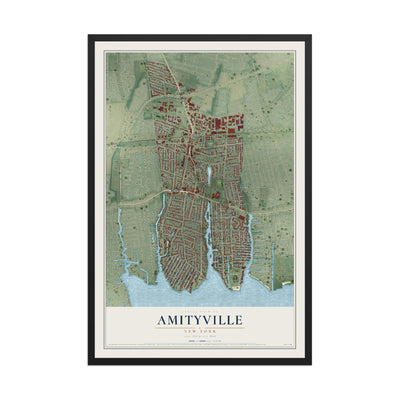 Amityville, New York map print, 12" x 18" W/ Black Ayous Wood Frame mockup