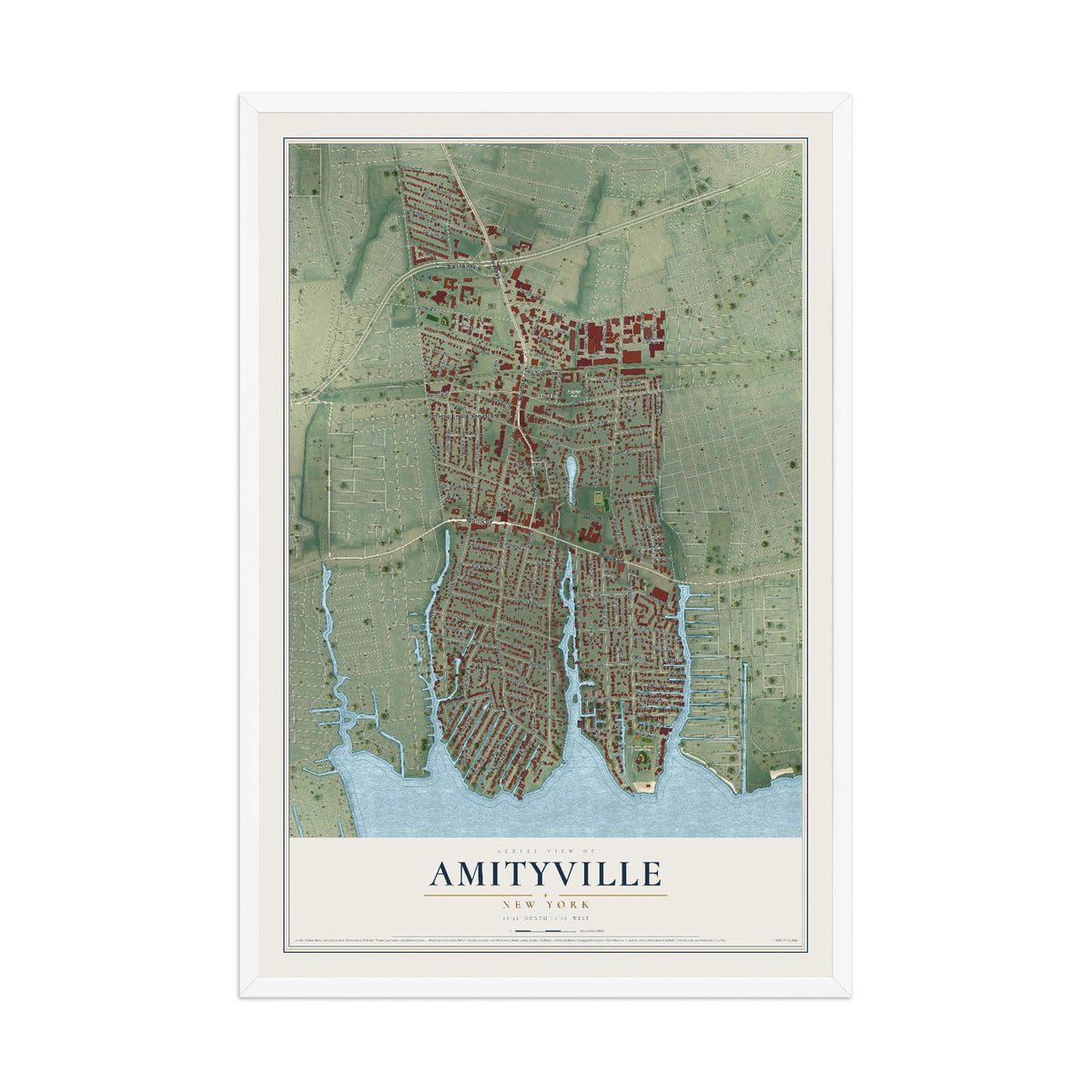 Amityville, New York map print, 12" x 18" W/ White Ayous Wood Frame mockup