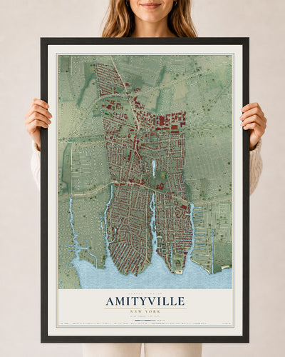 Amityville, New York map print, 24" x 36" W/ Black Ayous Wood Frame mockup