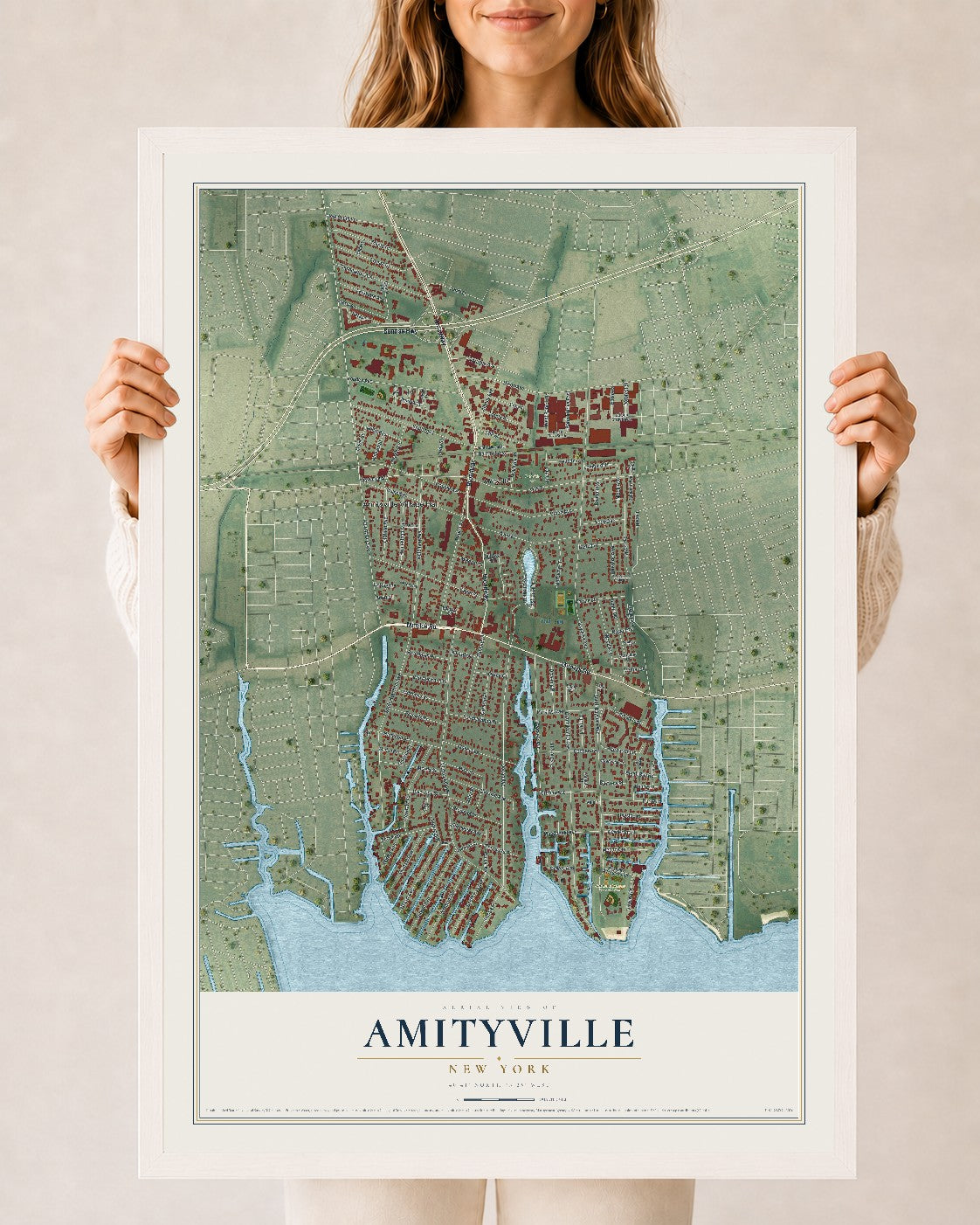 Amityville, New York map print, 24" x 36" W/ White Ayous Wood Frame mockup
