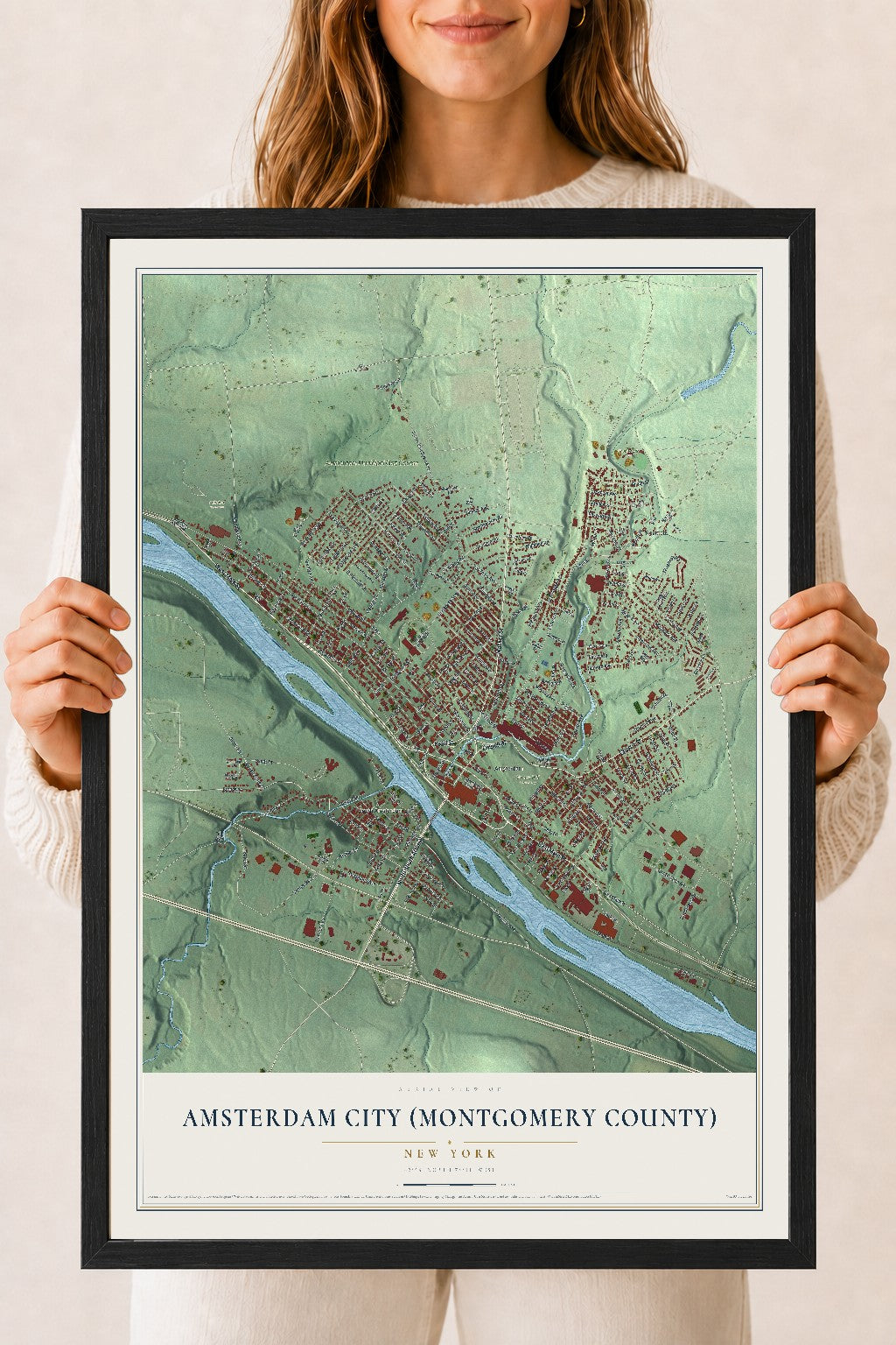 Amsterdam City (Montgomery County), New York map print, 18" x 24" W/ Black Ayous Wood Frame mockup