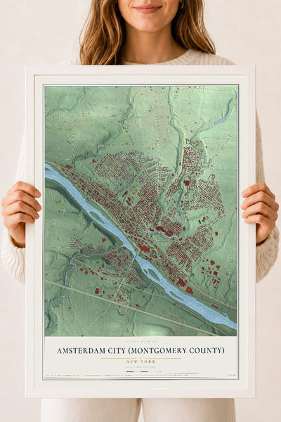 Amsterdam City (Montgomery County), New York map print, 18" x 24" W/ White Ayous Wood Frame mockup