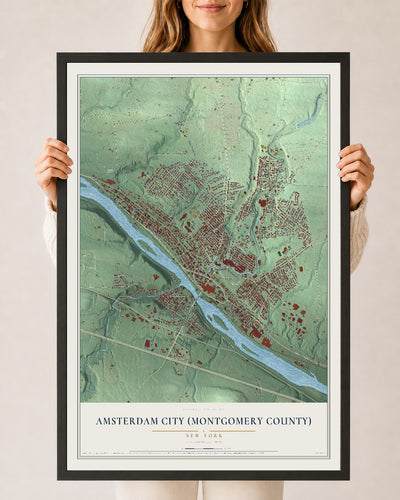 Amsterdam City (Montgomery County), New York map print, 24" x 36" W/ Black Ayous Wood Frame mockup