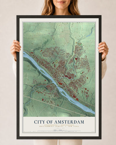 Map of the City of Amsterdam, Montgomery County, New York, 24 x 36 inch print in a black wood frame