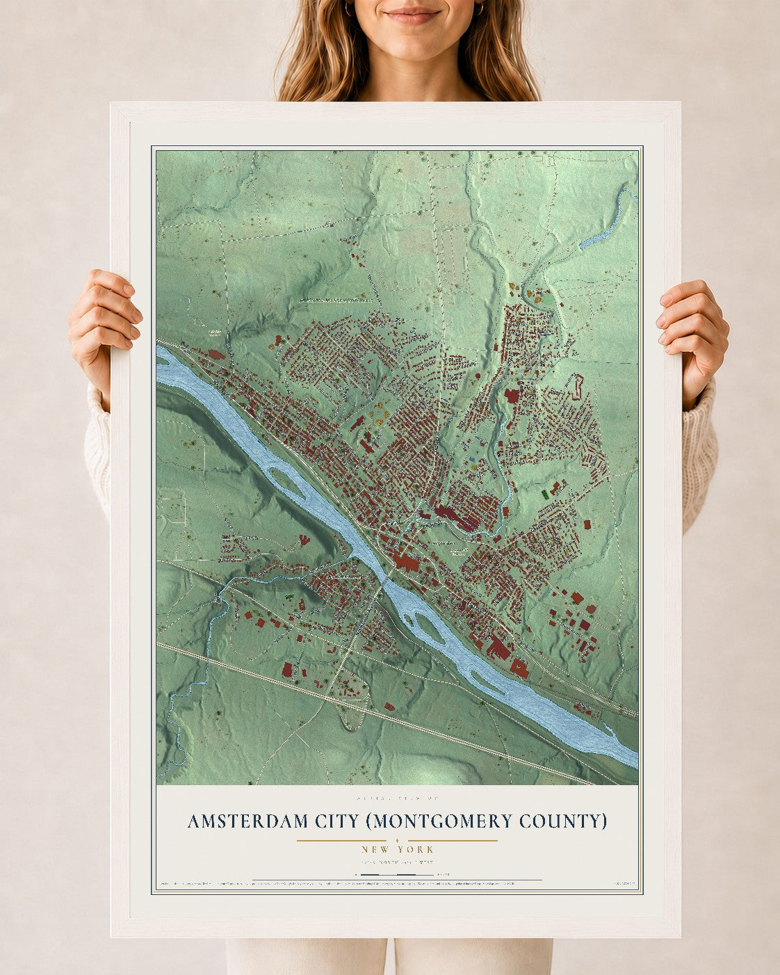 Amsterdam City (Montgomery County), New York map print, 24" x 36" W/ White Ayous Wood Frame mockup