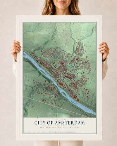 Map of the City of Amsterdam, Montgomery County, New York, 24 x 36 inch print in a white wood frame