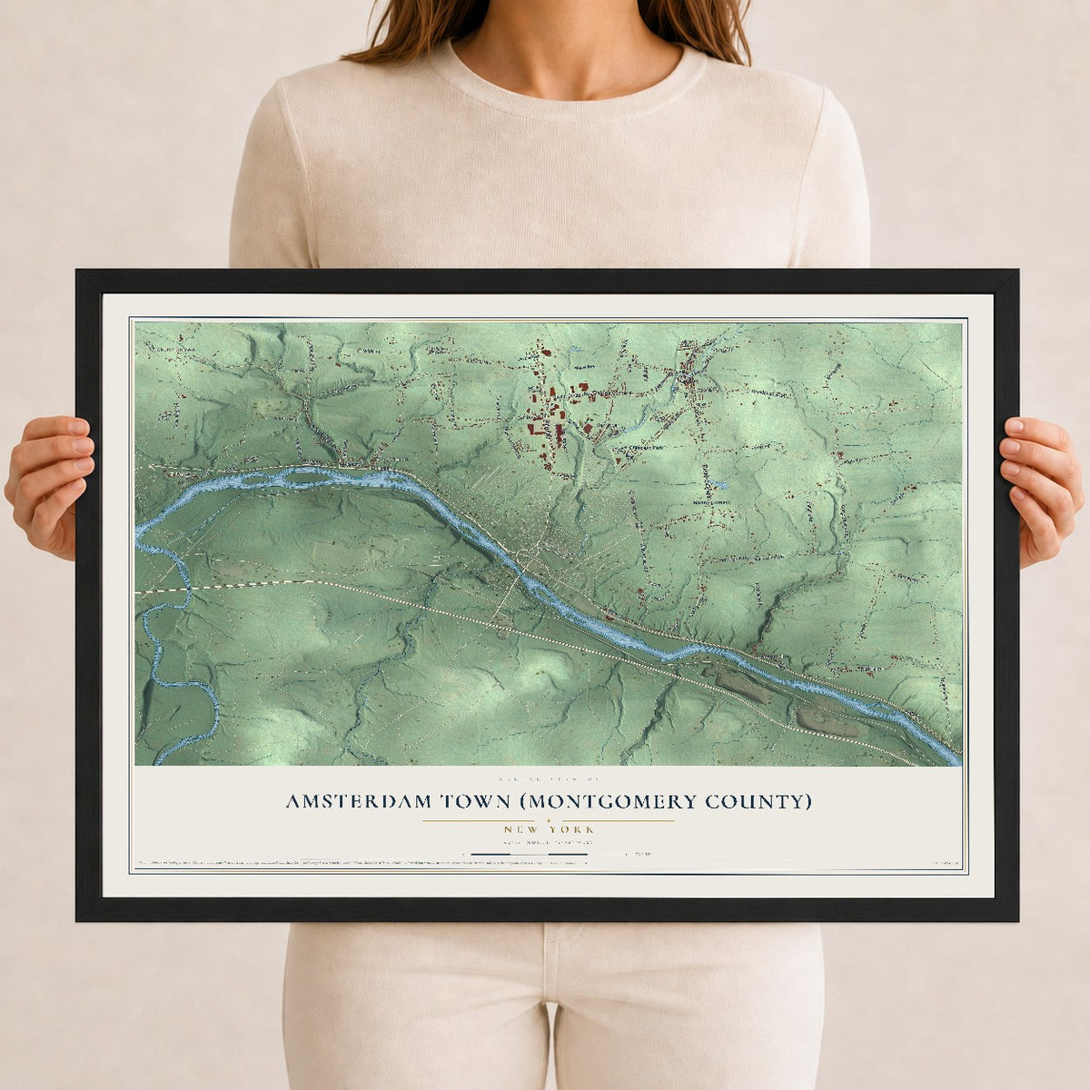 Amsterdam Town (Montgomery County), New York map print, 12" x 18" W/ Black Ayous Wood Frame mockup