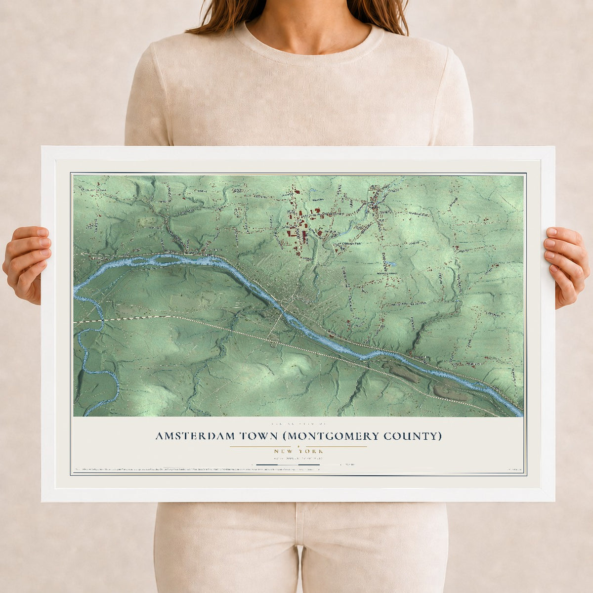 Amsterdam Town (Montgomery County), New York map print, 12" x 18" W/ White Ayous Wood Frame mockup