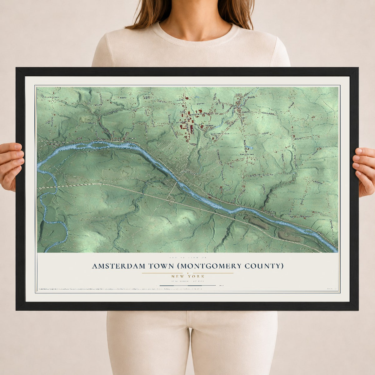Amsterdam Town (Montgomery County), New York map print, 18" x 24" W/ Black Ayous Wood Frame mockup
