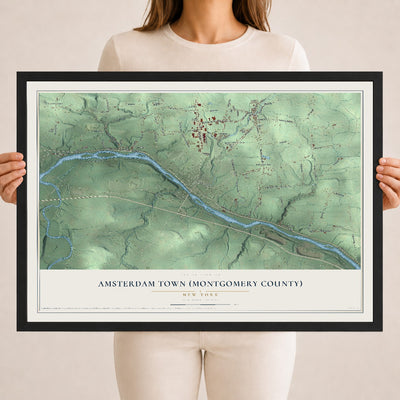 Amsterdam Town (Montgomery County), New York map print, 18" x 24" W/ Black Ayous Wood Frame mockup