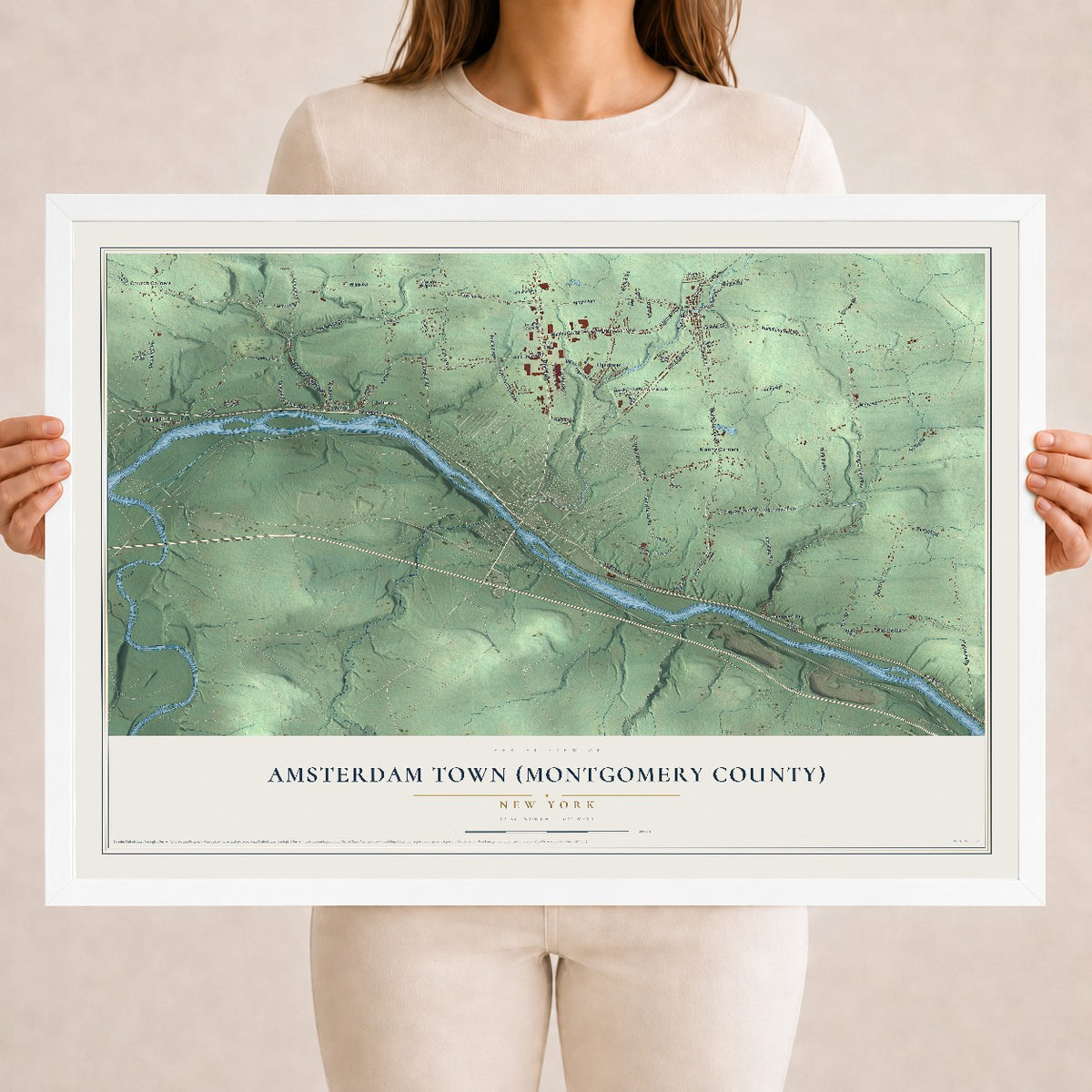 Amsterdam Town (Montgomery County), New York map print, 18" x 24" W/ White Ayous Wood Frame mockup