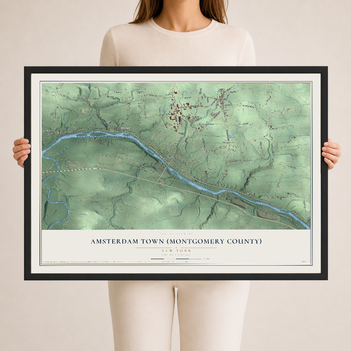 Amsterdam Town (Montgomery County), New York map print, 24" x 36" W/ Black Ayous Wood Frame mockup