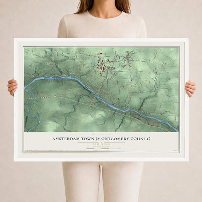 Amsterdam Town (Montgomery County), New York map print, 24" x 36" W/ White Ayous Wood Frame mockup
