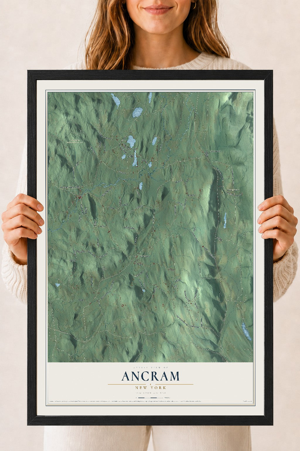 Ancram, New York map print, 18" x 24" W/ Black Ayous Wood Frame mockup