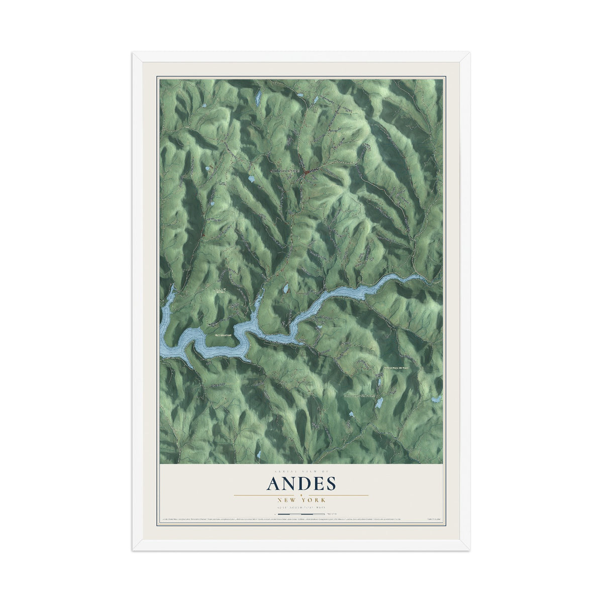 Andes, New York map print, 12" x 18" W/ White Ayous Wood Frame mockup