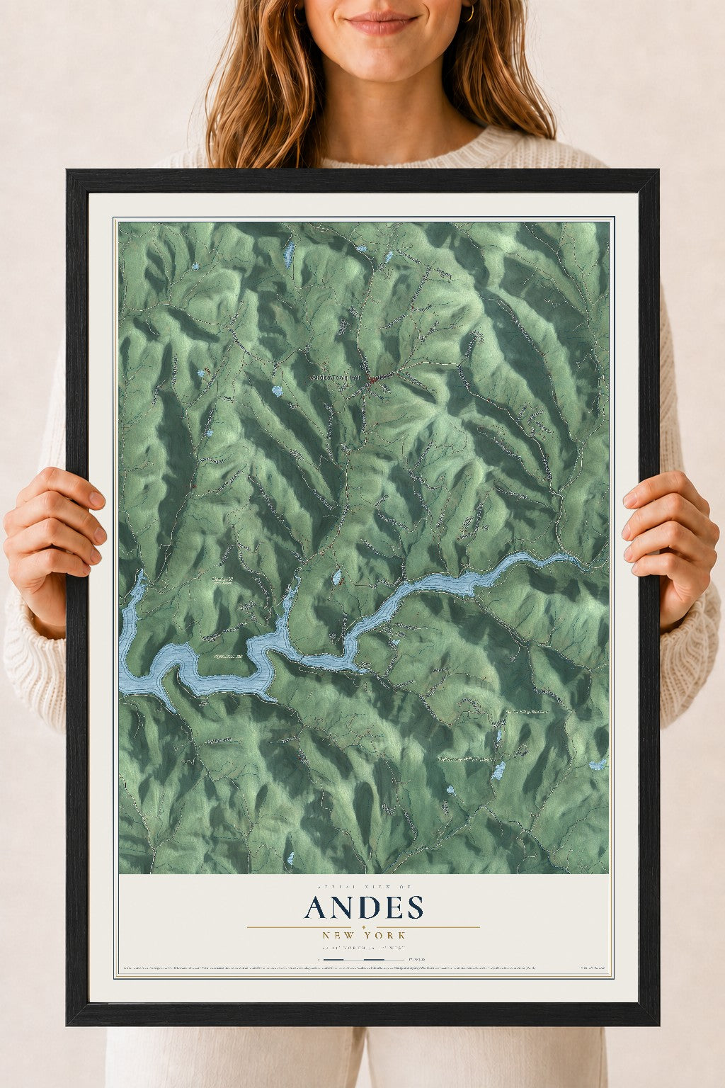 Andes, New York map print, 18" x 24" W/ Black Ayous Wood Frame mockup