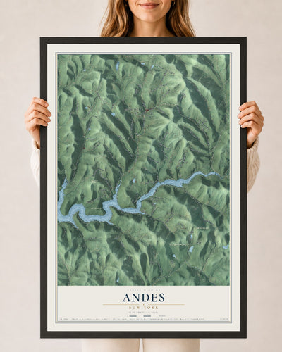 Andes, New York map print, 24" x 36" W/ Black Ayous Wood Frame mockup