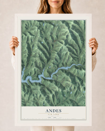 Andes, New York map print, 24" x 36" W/ White Ayous Wood Frame mockup