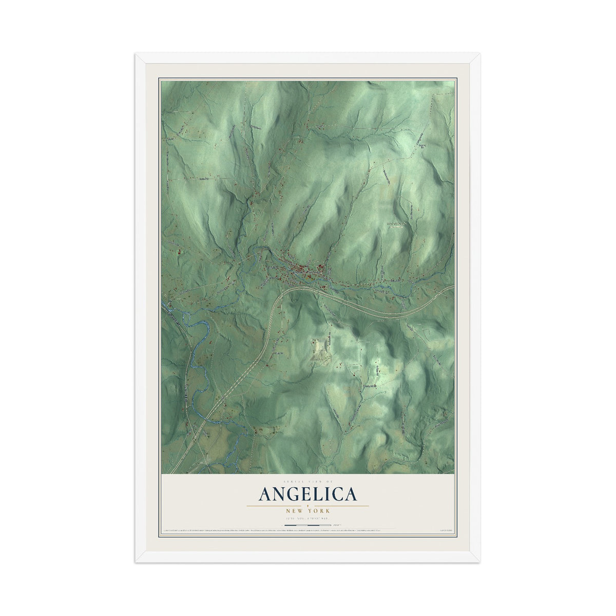 Angelica, New York map print, 12" x 18" W/ White Ayous Wood Frame mockup