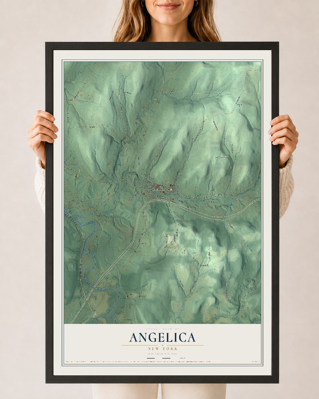 Angelica, New York map print, 24" x 36" W/ Black Ayous Wood Frame mockup