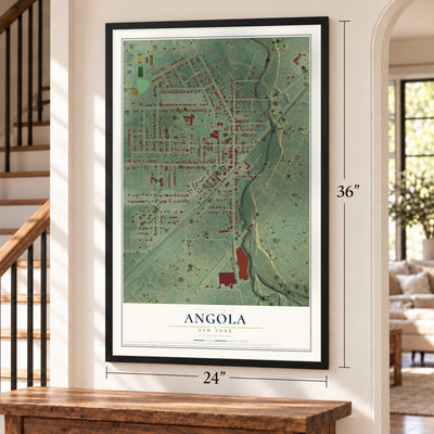 Angola, New York map, 24 x 36 inch print in a black frame by a staircase