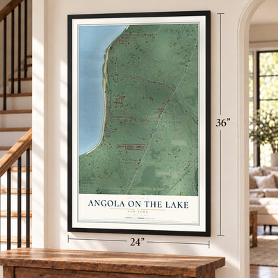 Angola on the Lake, New York map, 24 x 36 inch print in a black frame by a staircase