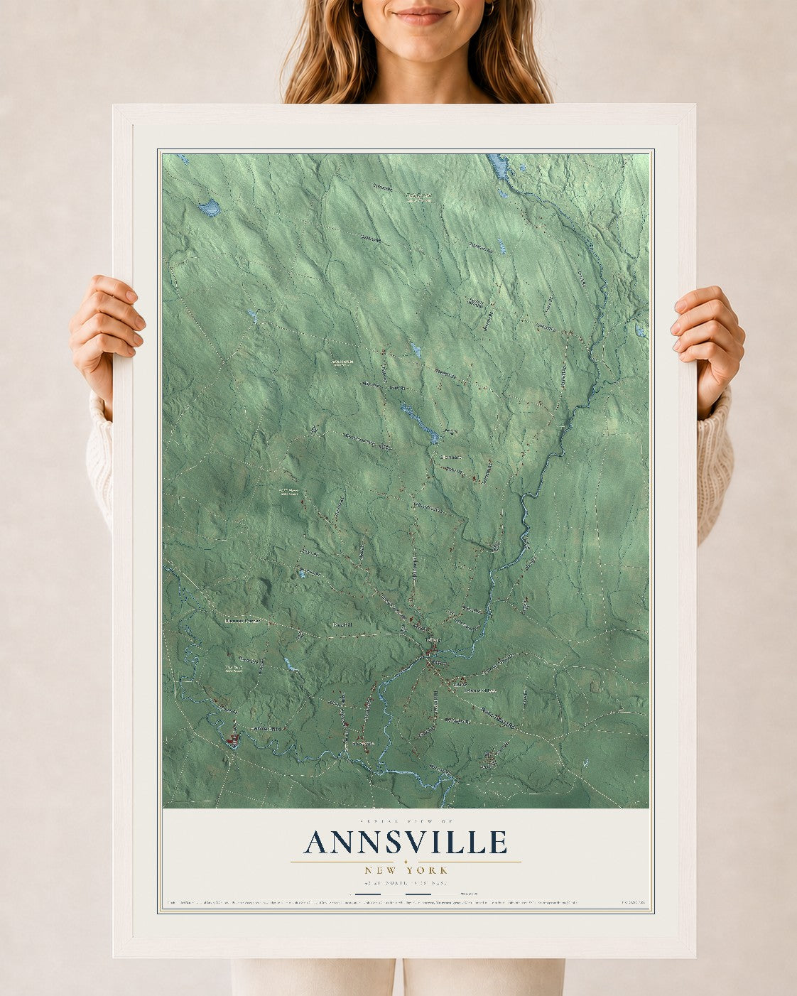 Annsville, New York map print, 24" x 36" W/ White Ayous Wood Frame mockup