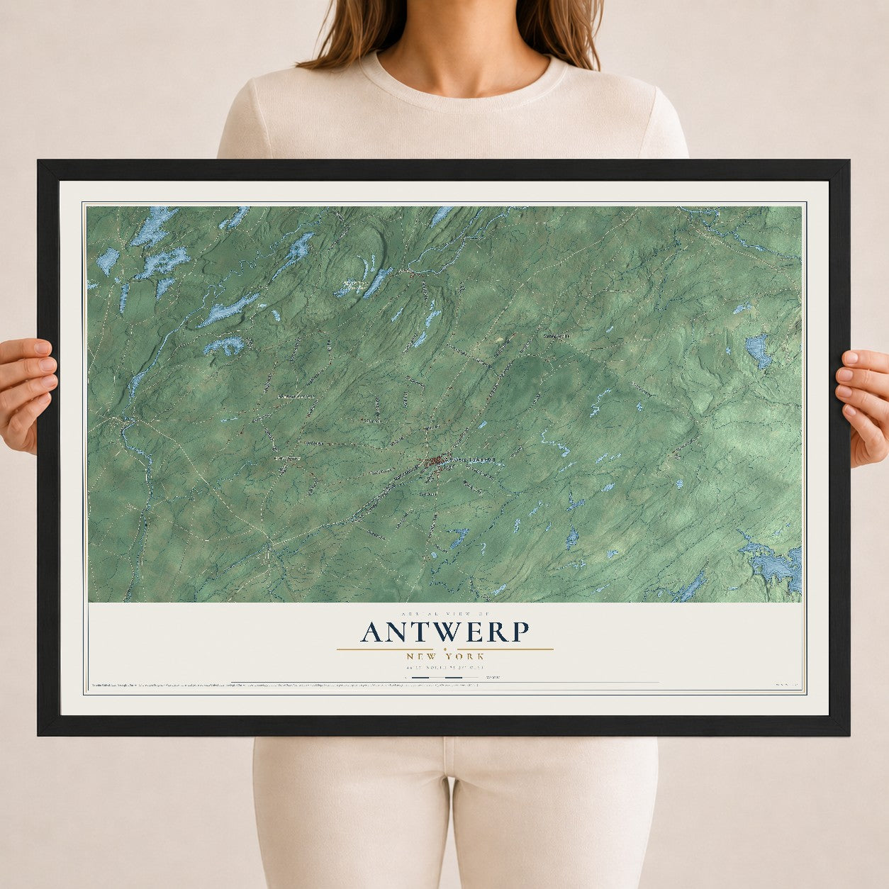 Antwerp, New York map print, 18" x 24" W/ Black Ayous Wood Frame mockup