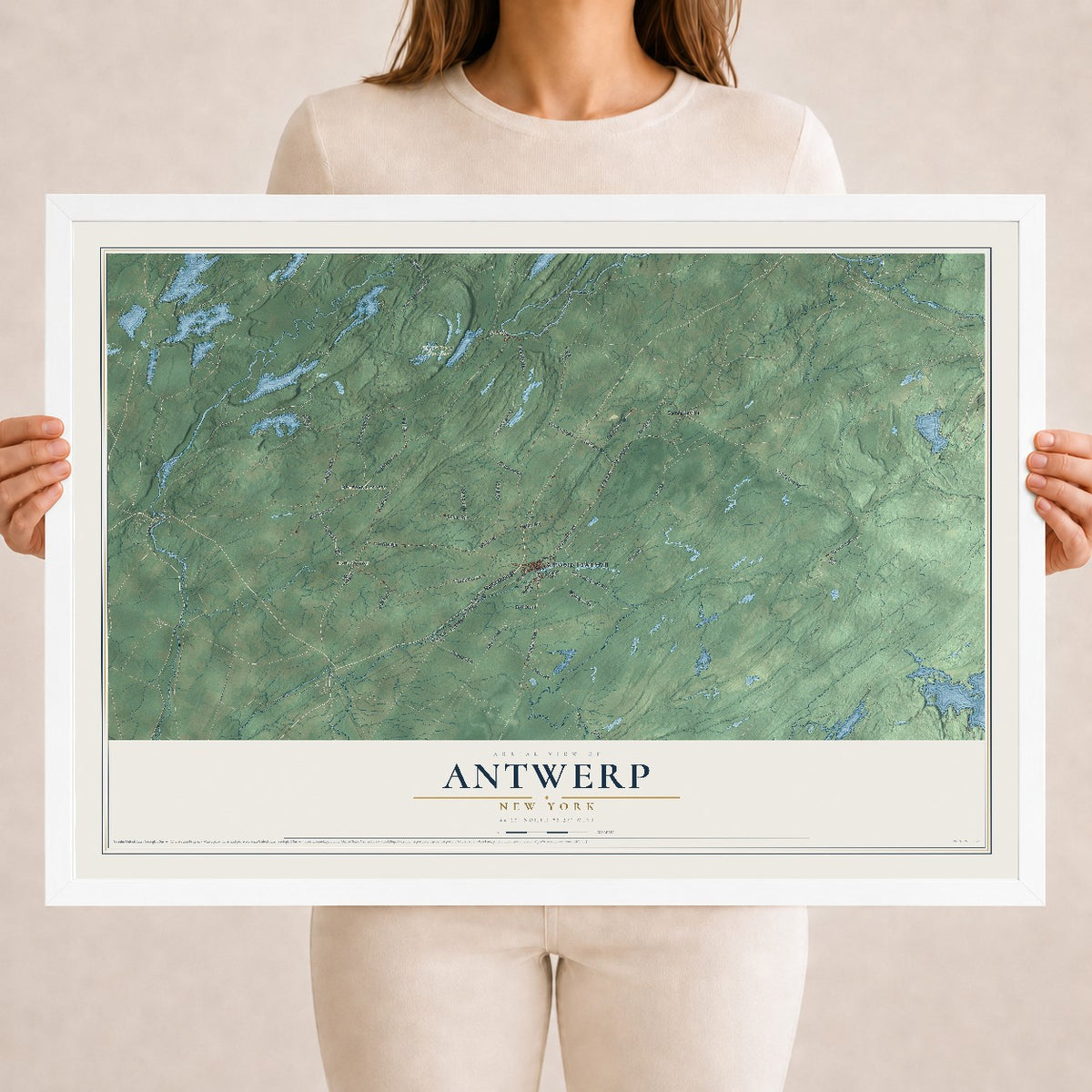 Antwerp, New York map print, 18" x 24" W/ White Ayous Wood Frame mockup