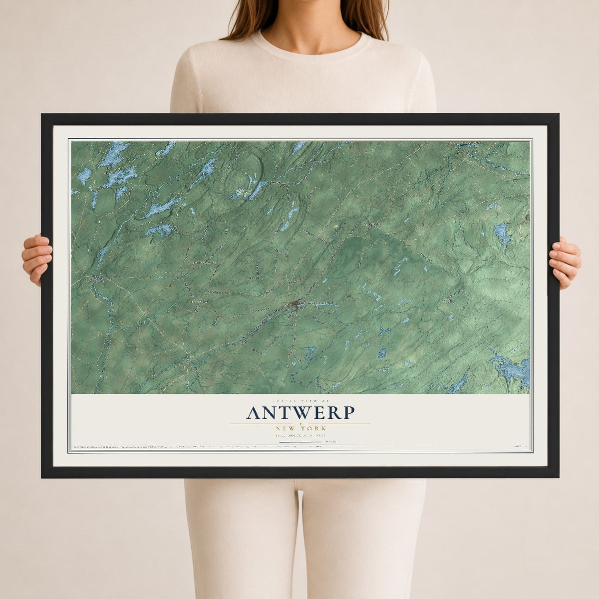 Antwerp, New York map print, 24" x 36" W/ Black Ayous Wood Frame mockup