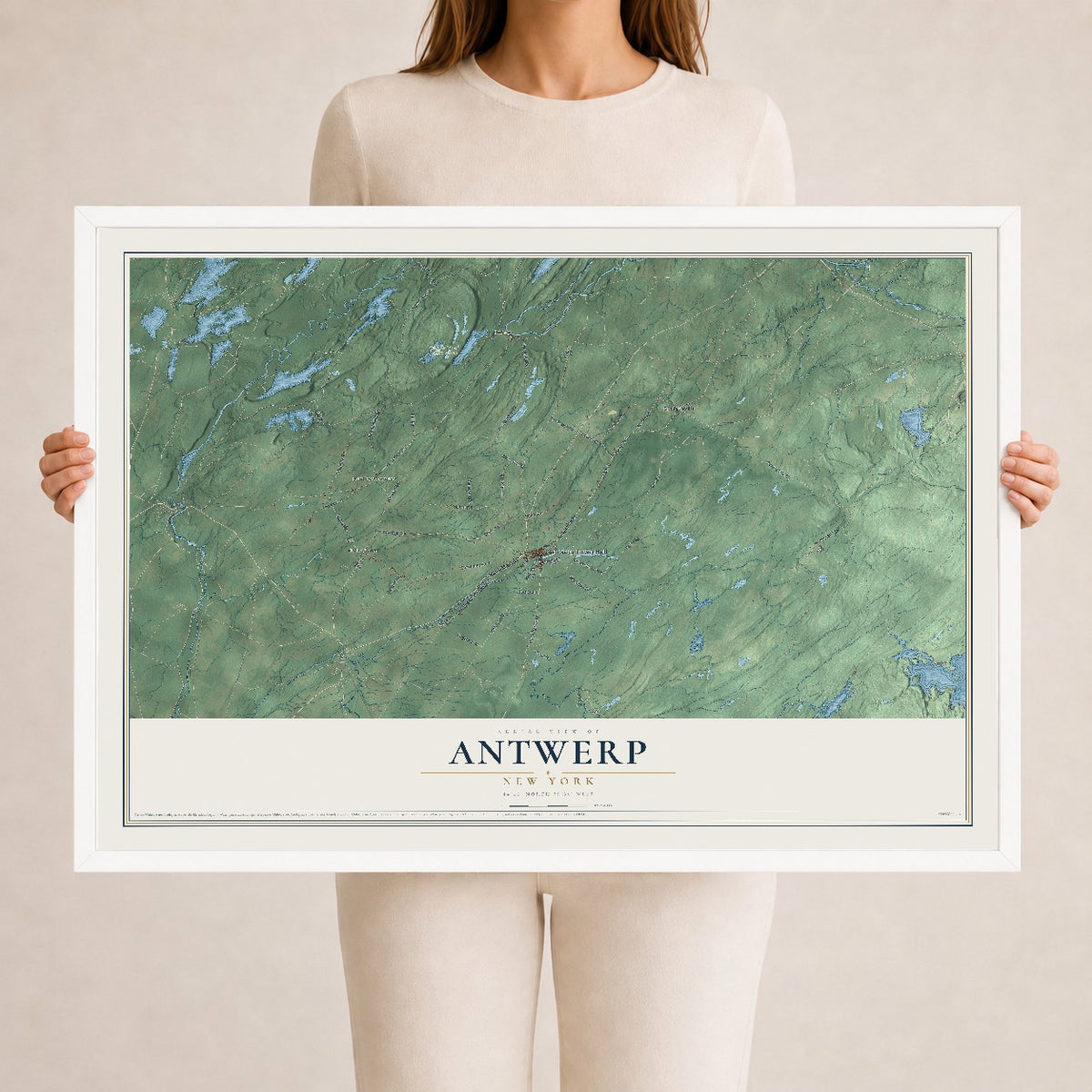 Antwerp, New York map print, 24" x 36" W/ White Ayous Wood Frame mockup