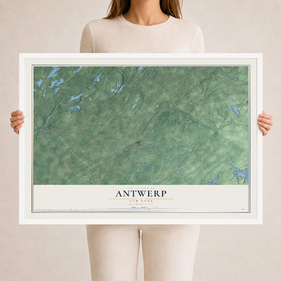 Antwerp, New York map print, 24" x 36" W/ White Ayous Wood Frame mockup