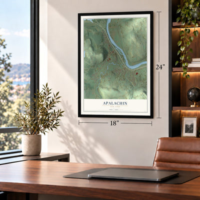 Apalachin, New York map, 18 x 24 inch print in a black frame in a home office