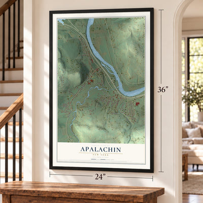 Apalachin, New York map, 24 x 36 inch print in a black frame by a staircase