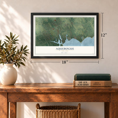 Aquebogue, New York map, 12 x 18 inch print in a black frame in an entryway