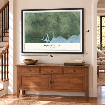 Aquebogue, New York map, 24 x 36 inch print in a black frame above a dresser by a staircase